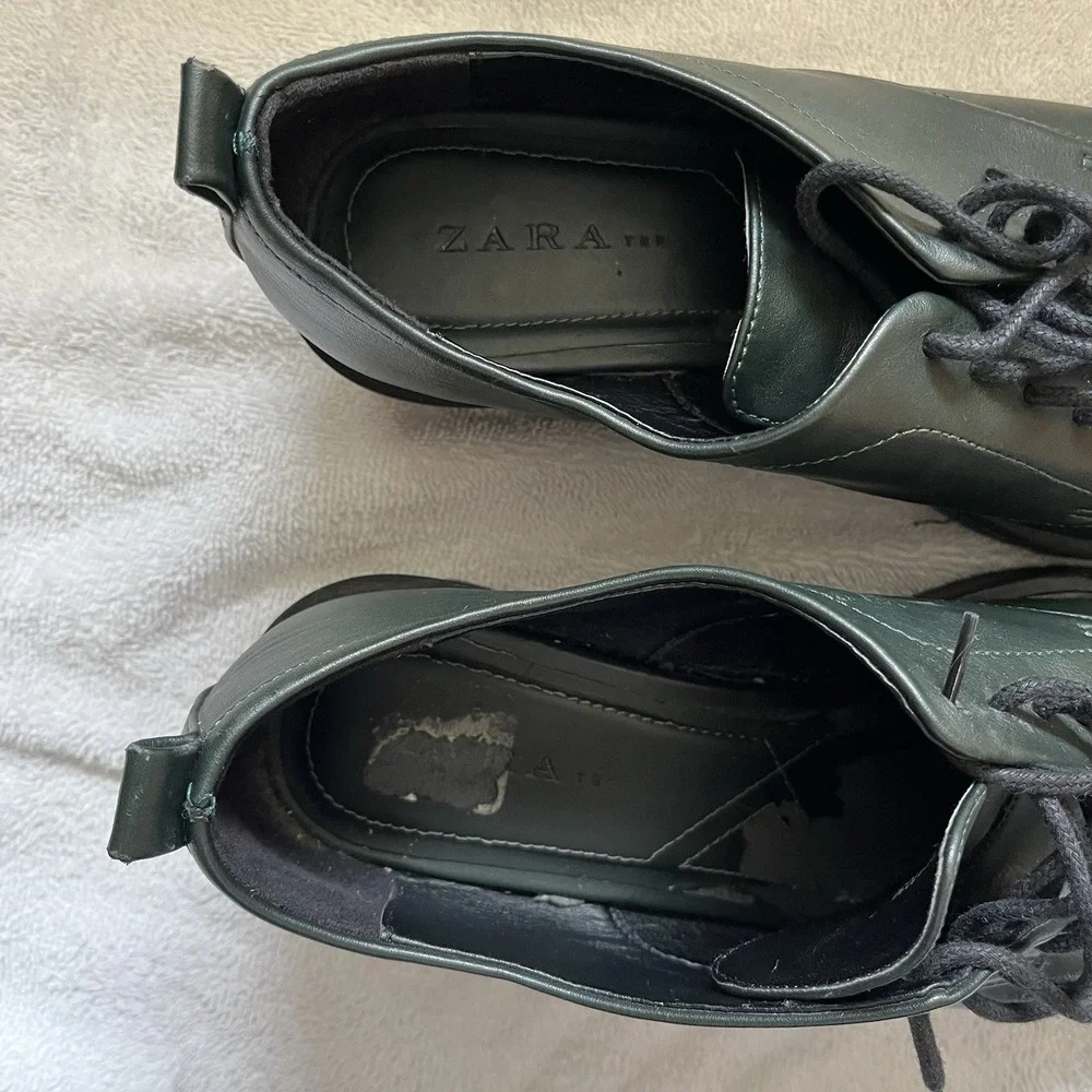 Zara TRF Shoes Women's Size 9 (EU 40)‎ Green Low Heel Chunky Derby Lace Up